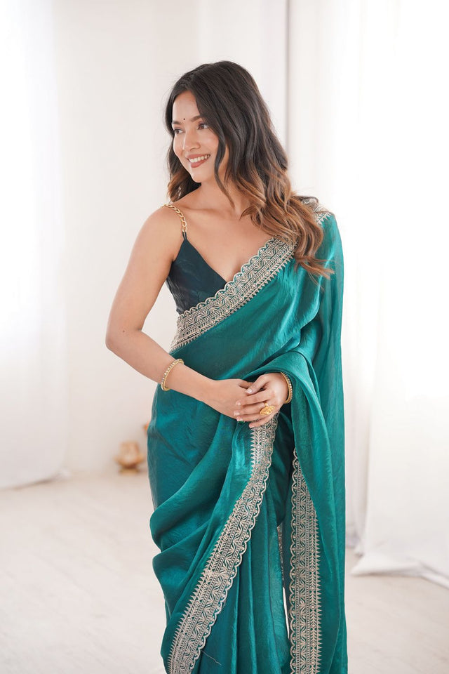 Sea Green Solid With Embroidered Border Satin Saree (ACA7831)