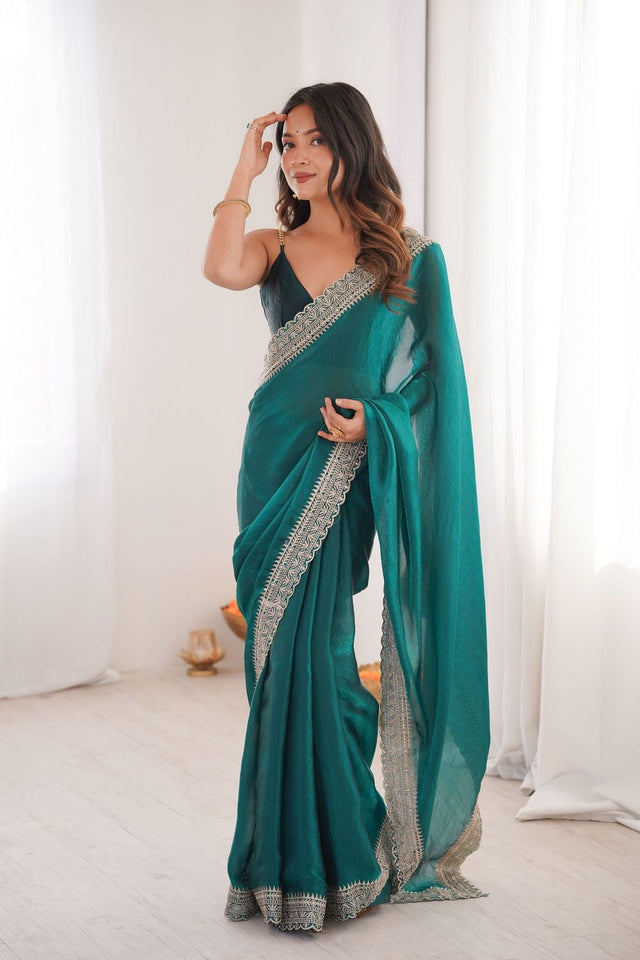 Sea Green Solid With Embroidered Border Satin Saree (ACA7831)