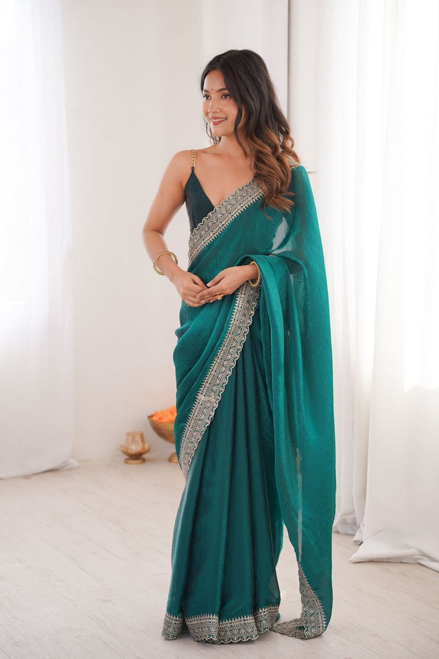 Sea Green Solid With Embroidered Border Satin Saree (ACA7831)