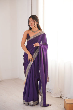 Violet Solid With Embroidered Border Satin Saree (ACA7832)
