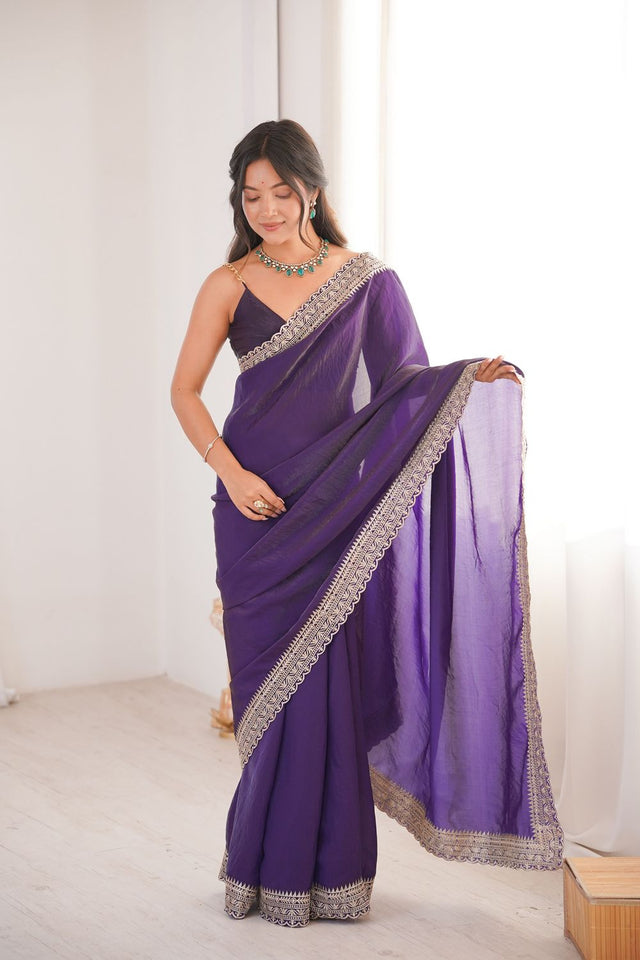 Violet Solid With Embroidered Border Satin Saree (ACA7832)