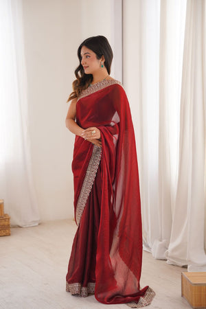 Maroon Solid With Embroidered Border Satin Saree (ACA7833)