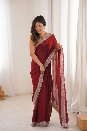 Maroon Solid With Embroidered Border Satin Saree (ACA7833)