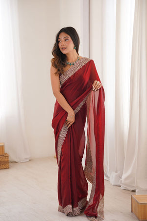 Maroon Solid With Embroidered Border Satin Saree (ACA7833)