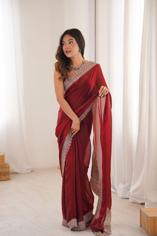 Maroon Solid With Embroidered Border Satin Saree (ACA7833)
