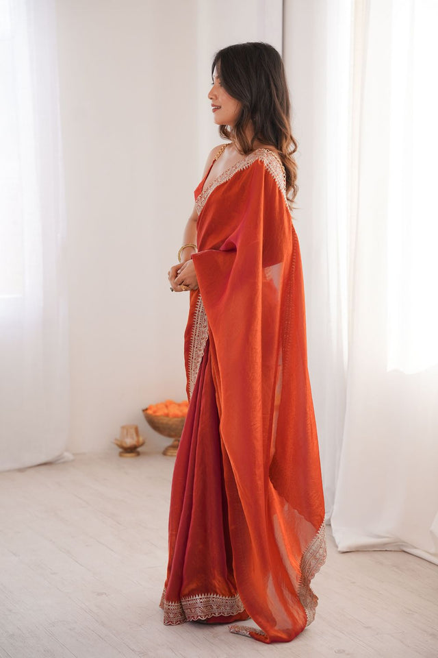 Rust Solid With Embroidered Border Satin Saree (ACA7834)