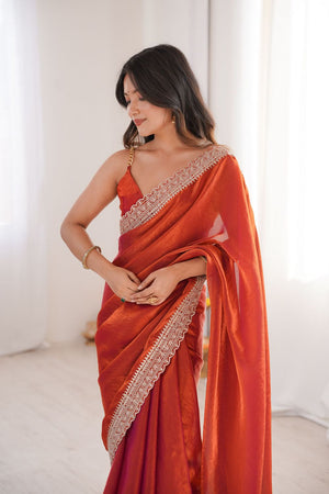 Rust Solid With Embroidered Border Satin Saree (ACA7834)