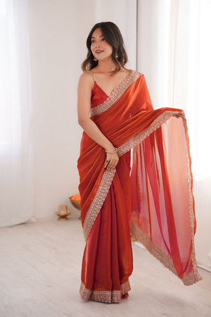 Rust Solid With Embroidered Border Satin Saree (ACA7834)