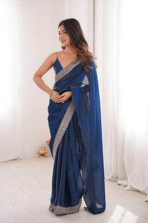 Blue Solid With Embroidered Border Satin Saree (ACA7835)