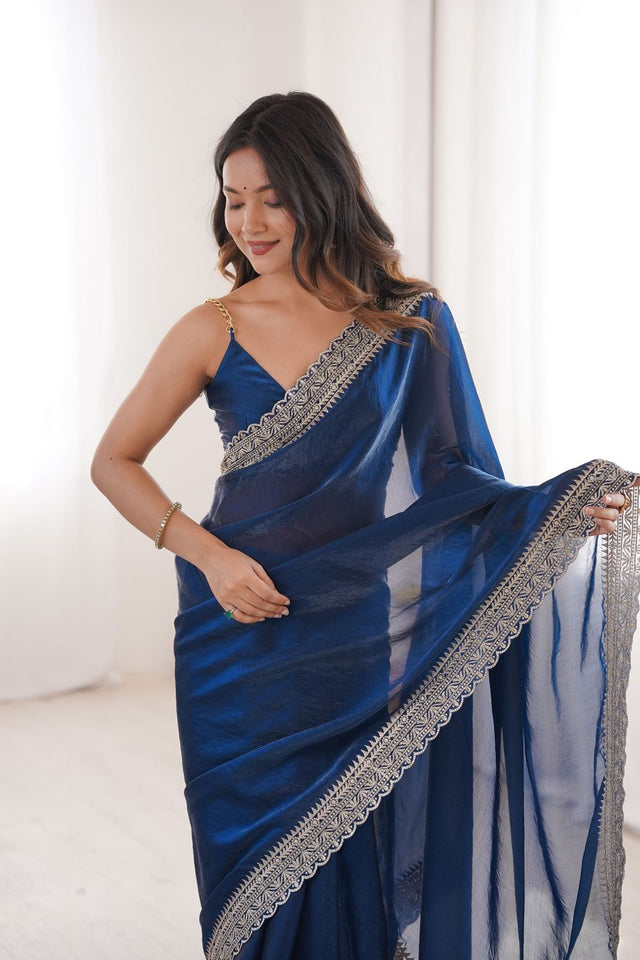 Blue Solid With Embroidered Border Satin Saree (ACA7835)