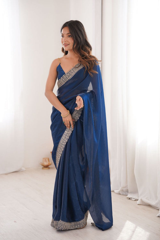 Blue Solid With Embroidered Border Satin Saree (ACA7835)