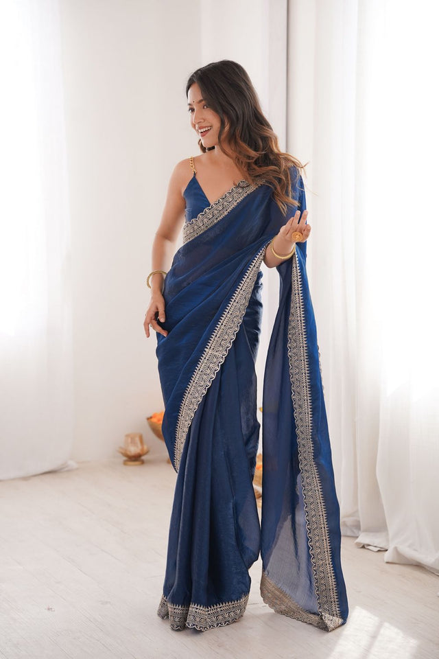 Blue Solid With Embroidered Border Satin Saree (ACA7835)