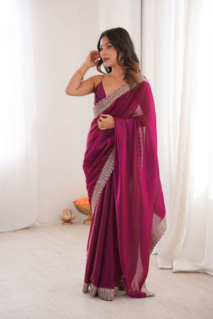 Violet Solid With Embroidered Border Satin Saree (ACA7836)