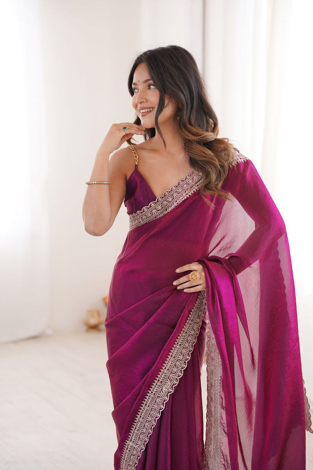 Violet Solid With Embroidered Border Satin Saree (ACA7836)