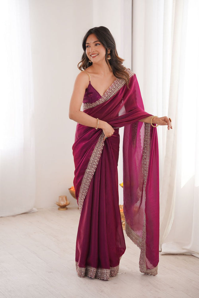Violet Solid With Embroidered Border Satin Saree (ACA7836)