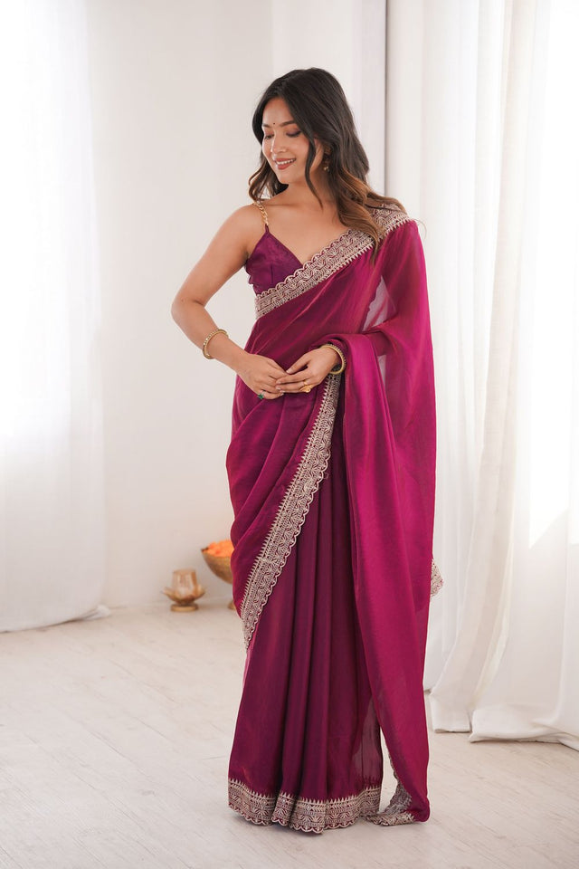 Violet Solid With Embroidered Border Satin Saree (ACA7836)