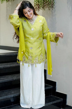 Yellow Mirror Sequin Silk Kurti Pant Set (ACA7839)