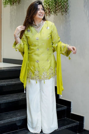 Yellow Mirror Sequin Silk Kurti Pant Set (ACA7839)