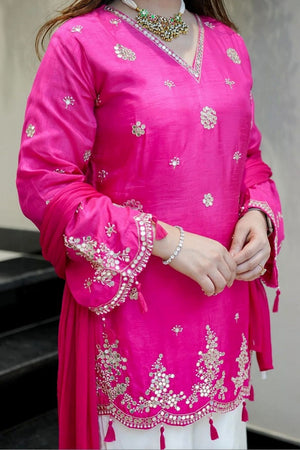 Pink Mirror Sequin Silk Kurti Pant Set (ACA7840)