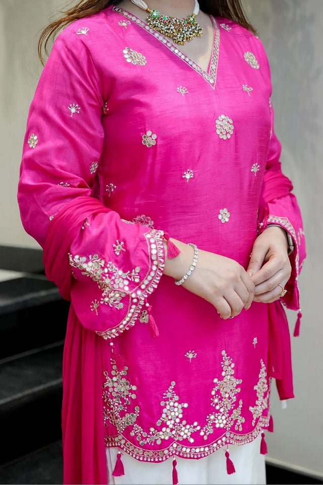 Pink Mirror Sequin Silk Kurti Pant Set (ACA7840)