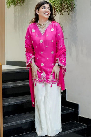 Pink Mirror Sequin Silk Kurti Pant Set (ACA7840)