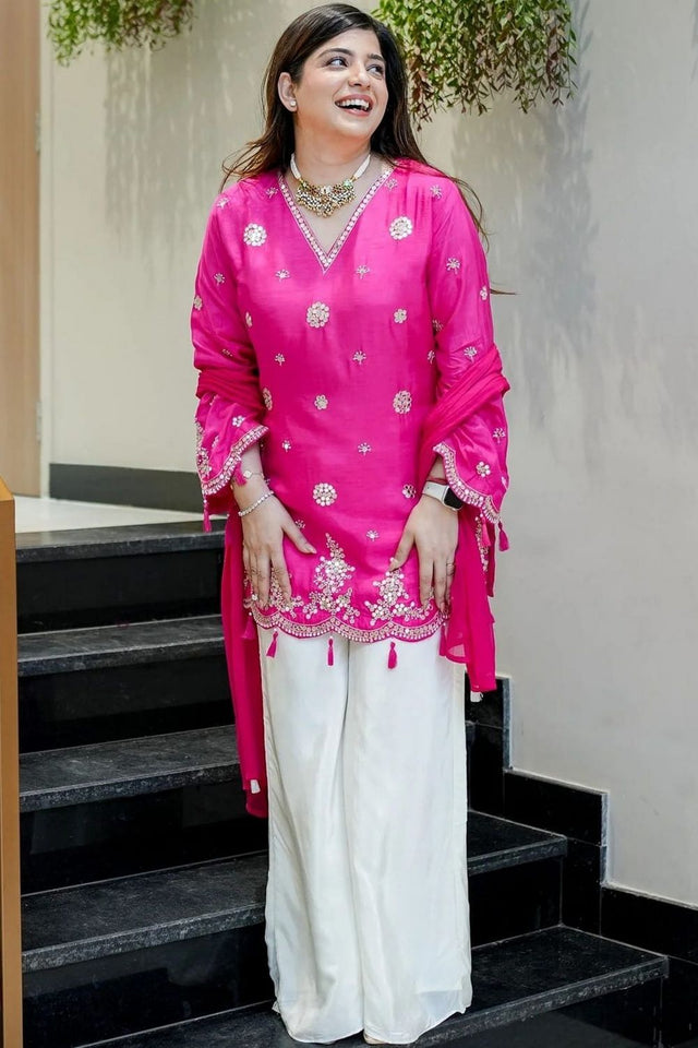 Pink Mirror Sequin Silk Kurti Pant Set (ACA7840)