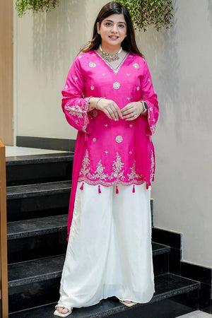 Pink Mirror Sequin Silk Kurti Pant Set (ACA7840)