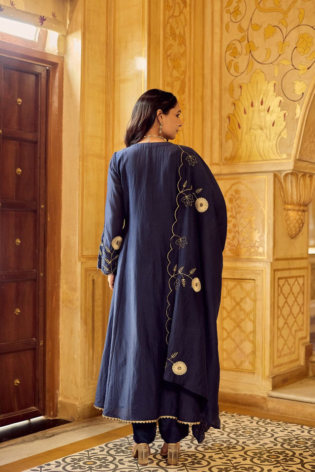 Blue Floral Embroidered Chanderi Anarkali Suit (ACA7842)
