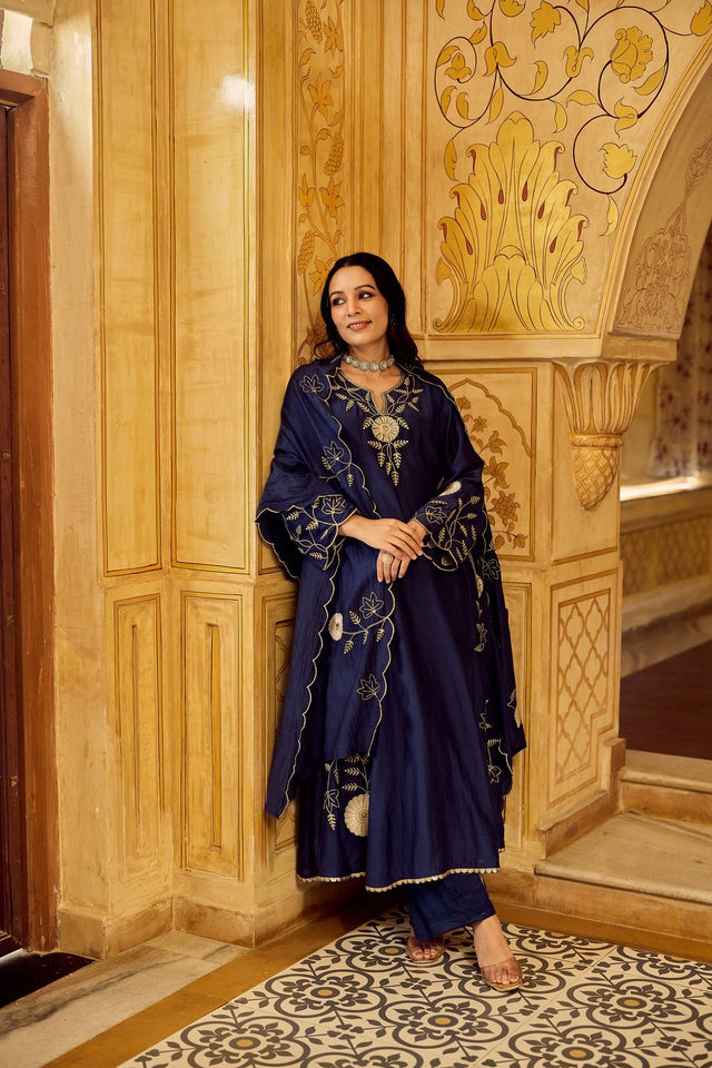 Blue Floral Embroidered Chanderi Anarkali Suit (ACA7842)
