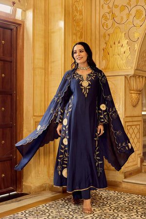 Blue Floral Embroidered Chanderi Anarkali Suit (ACA7842)