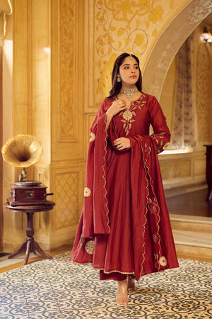 Maroon Floral Embroidered Chanderi Anarkali Suit (ACA7843)