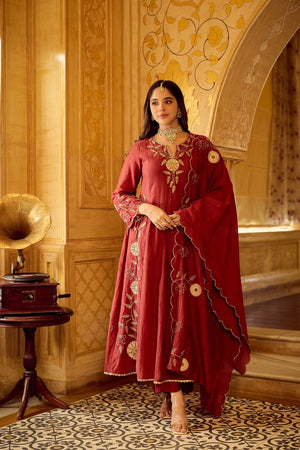 Maroon Floral Embroidered Chanderi Anarkali Suit (ACA7843)