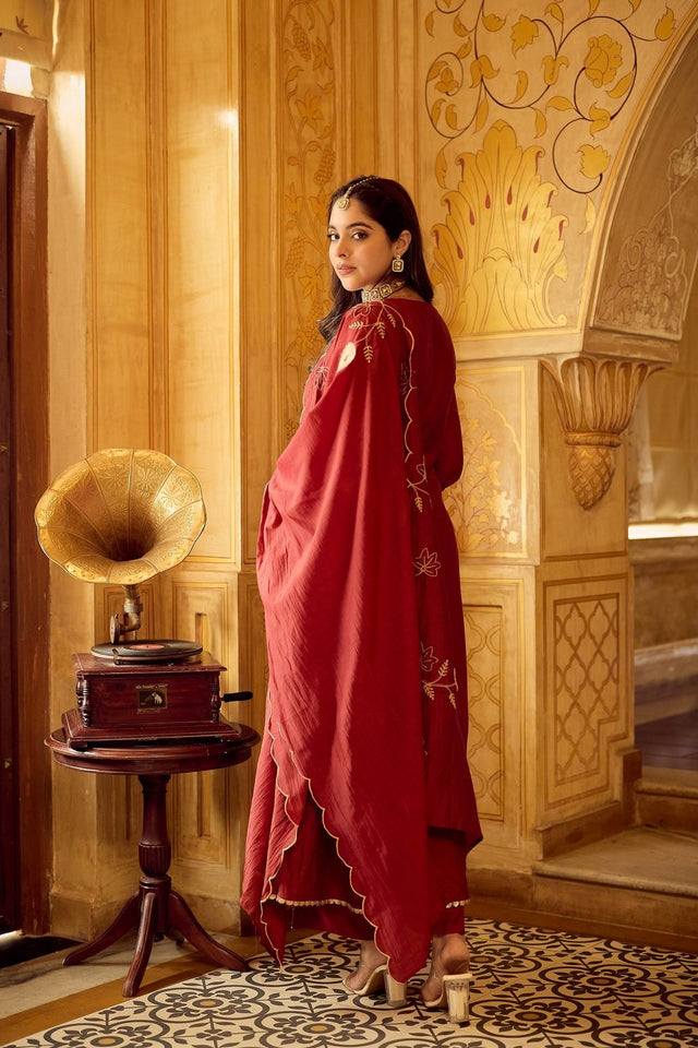 Maroon Floral Embroidered Chanderi Anarkali Suit (ACA7843)