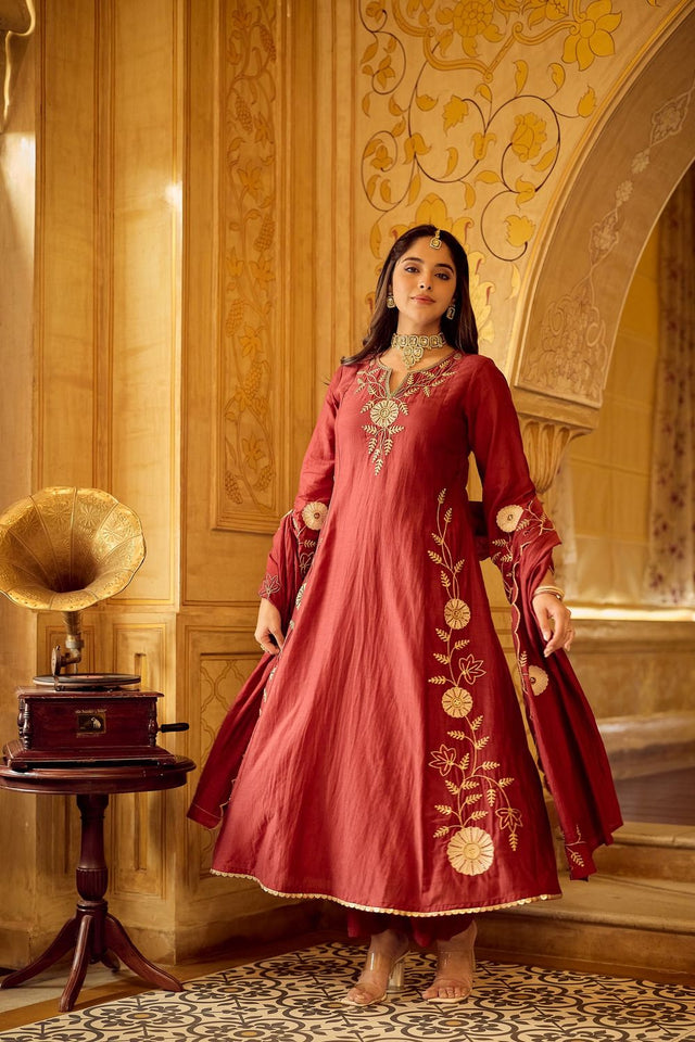 Maroon Floral Embroidered Chanderi Anarkali Suit (ACA7843)