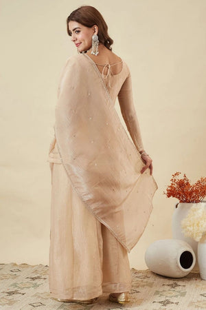 Cream Sequin with Floral Embroidered Silk Palazzo Suit (ACA7844)