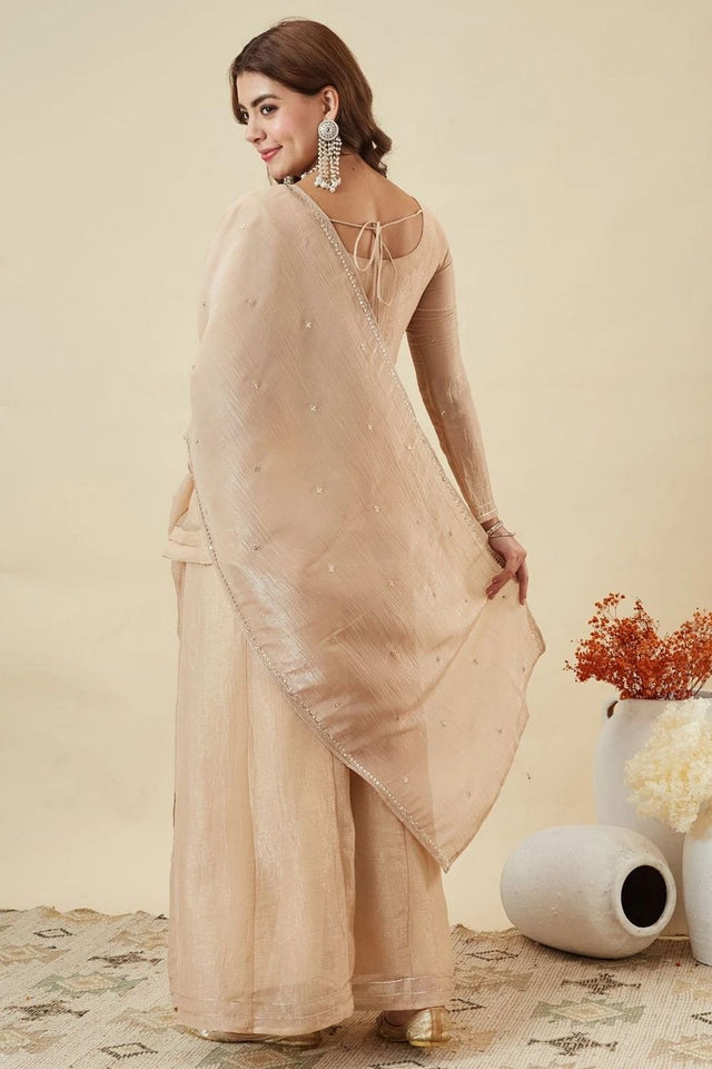 Cream Sequin with Floral Embroidered Silk Palazzo Suit (ACA7844)