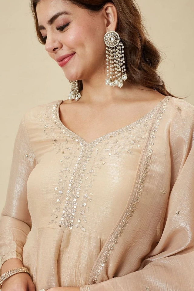 Cream Sequin with Floral Embroidered Silk Palazzo Suit (ACA7844)