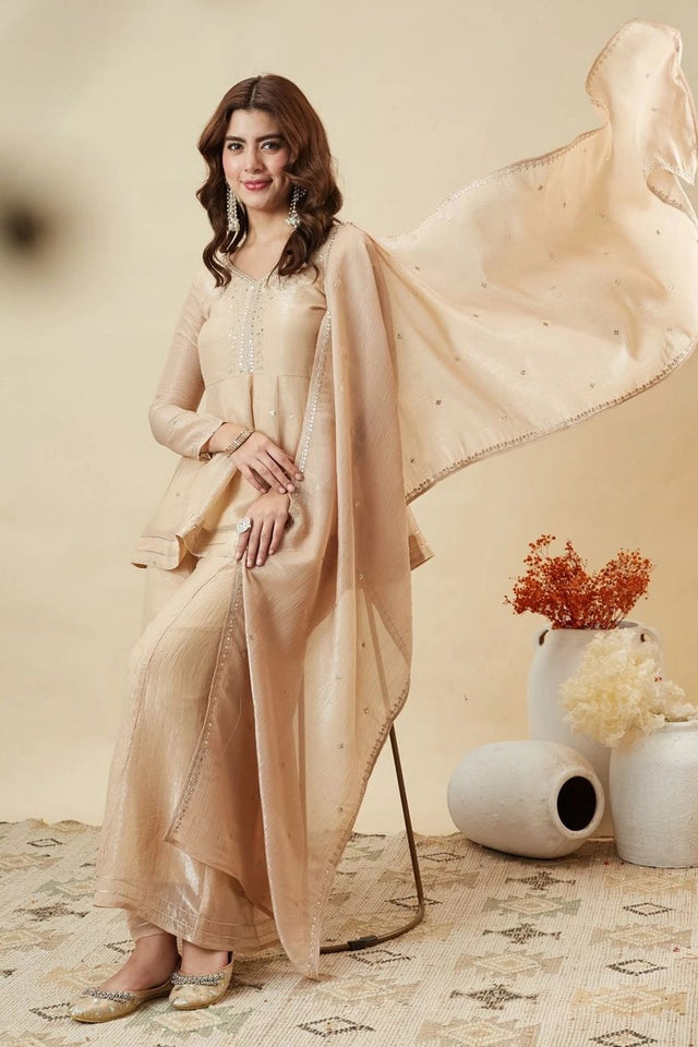 Cream Sequin with Floral Embroidered Silk Palazzo Suit (ACA7844)