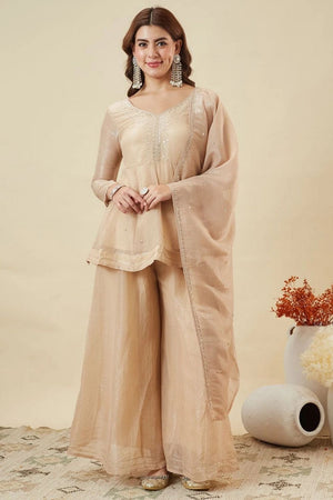 Cream Sequin with Floral Embroidered Silk Palazzo Suit (ACA7844)