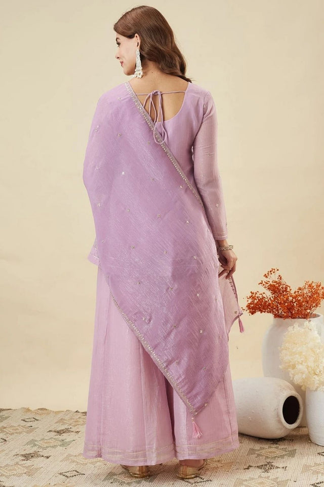 Lavender Sequin with Floral Embroidered Silk Palazzo Suit (ACA7845)