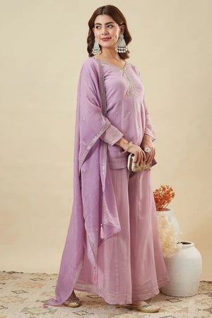 Lavender Sequin with Floral Embroidered Silk Palazzo Suit (ACA7845)