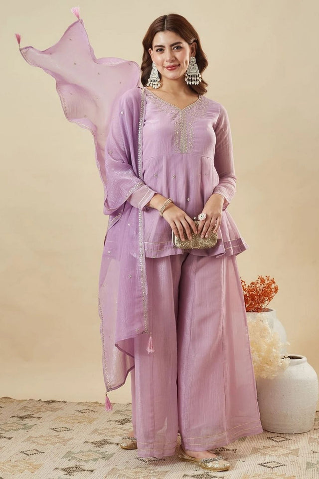 Lavender Sequin with Floral Embroidered Silk Palazzo Suit (ACA7845)
