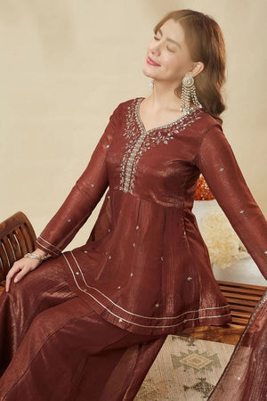 Maroon Embroidered Silk Palazzo Suit (ACA7846)
