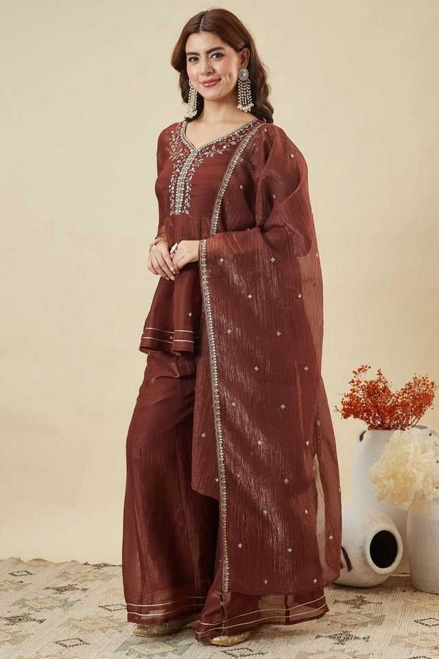 Maroon Embroidered Silk Palazzo Suit (ACA7846)