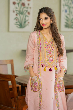 Peach Sequin with Embroidered Chanderi Kurti Pant Set (ACA7847)