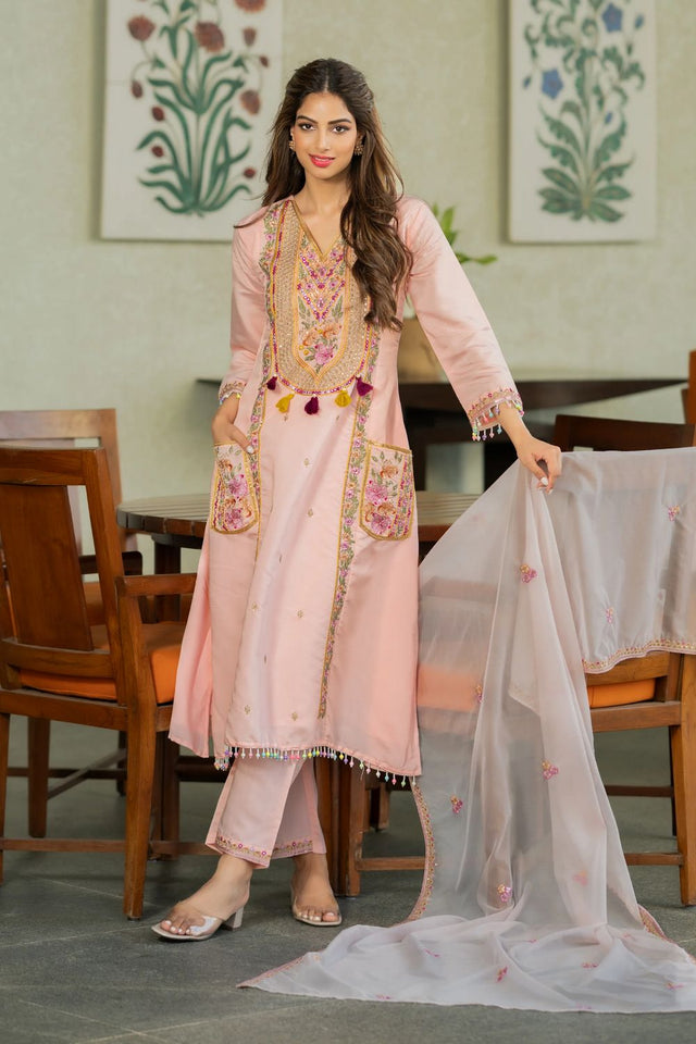 Peach Sequin with Embroidered Chanderi Kurti Pant Set (ACA7847)