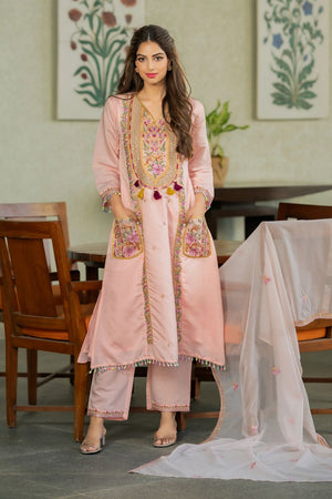 Peach Sequin with Embroidered Chanderi Kurti Pant Set (ACA7847)