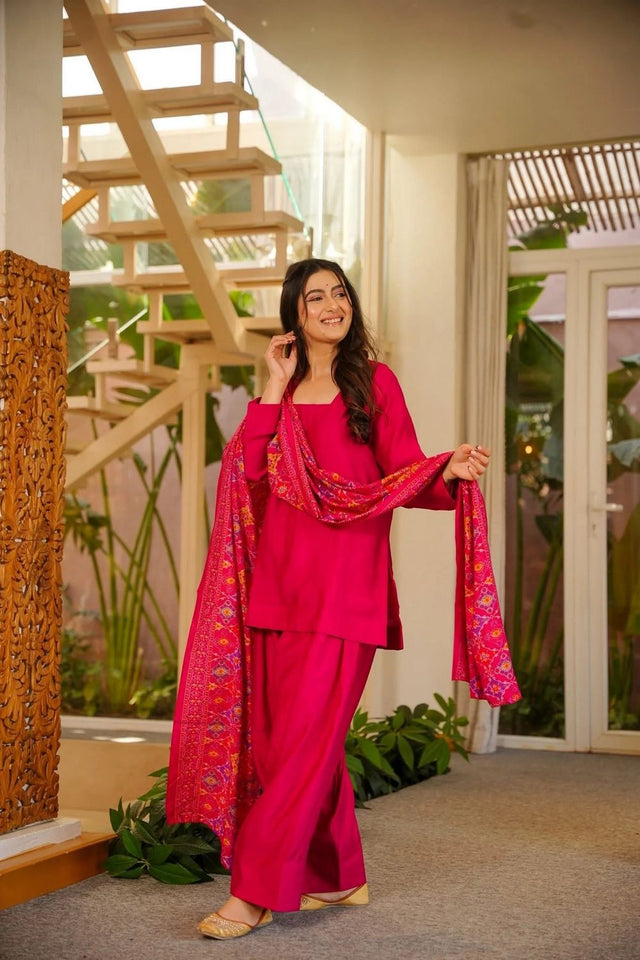 Pink Solid Silk Palazzo Suit (ACA7849)