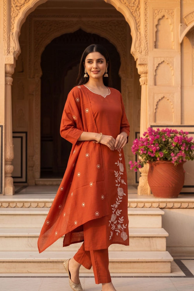 Rust Floral Embroidered Silk Kurti Pant Set (ACA7850)