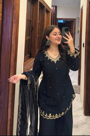 Black Floral Embroidered Silk Kurti Pant Set (ACA7851)